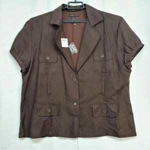 Sherry Taylor size 3X dark brown linen style short sleeve jacket with belt loops